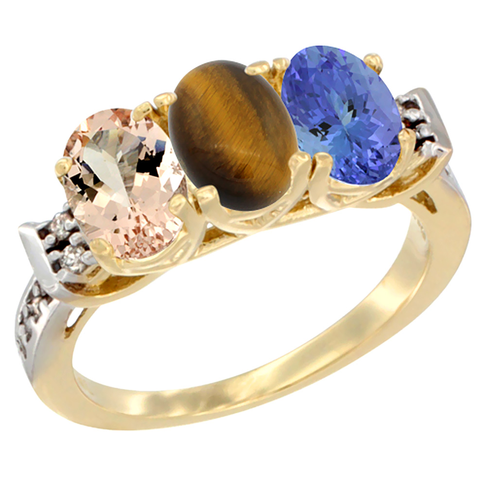 14K Yellow Gold Natural Morganite, Tiger Eye &amp; Tanzanite Ring 3-Stone Oval 7x5 mm Diamond Accent, sizes 5 - 10