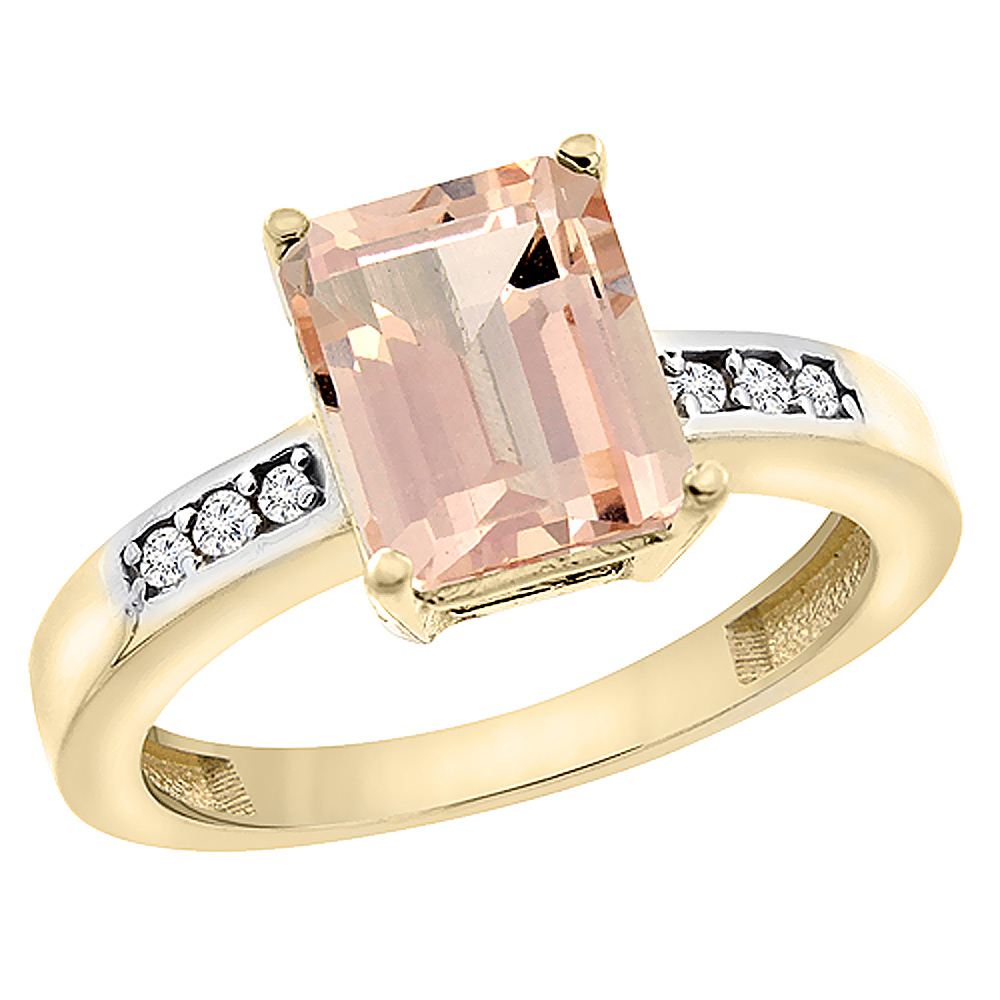 10K Yellow Gold Natural Morganite Octagon 9x7 mm with Diamond Accents, sizes 5 - 10
