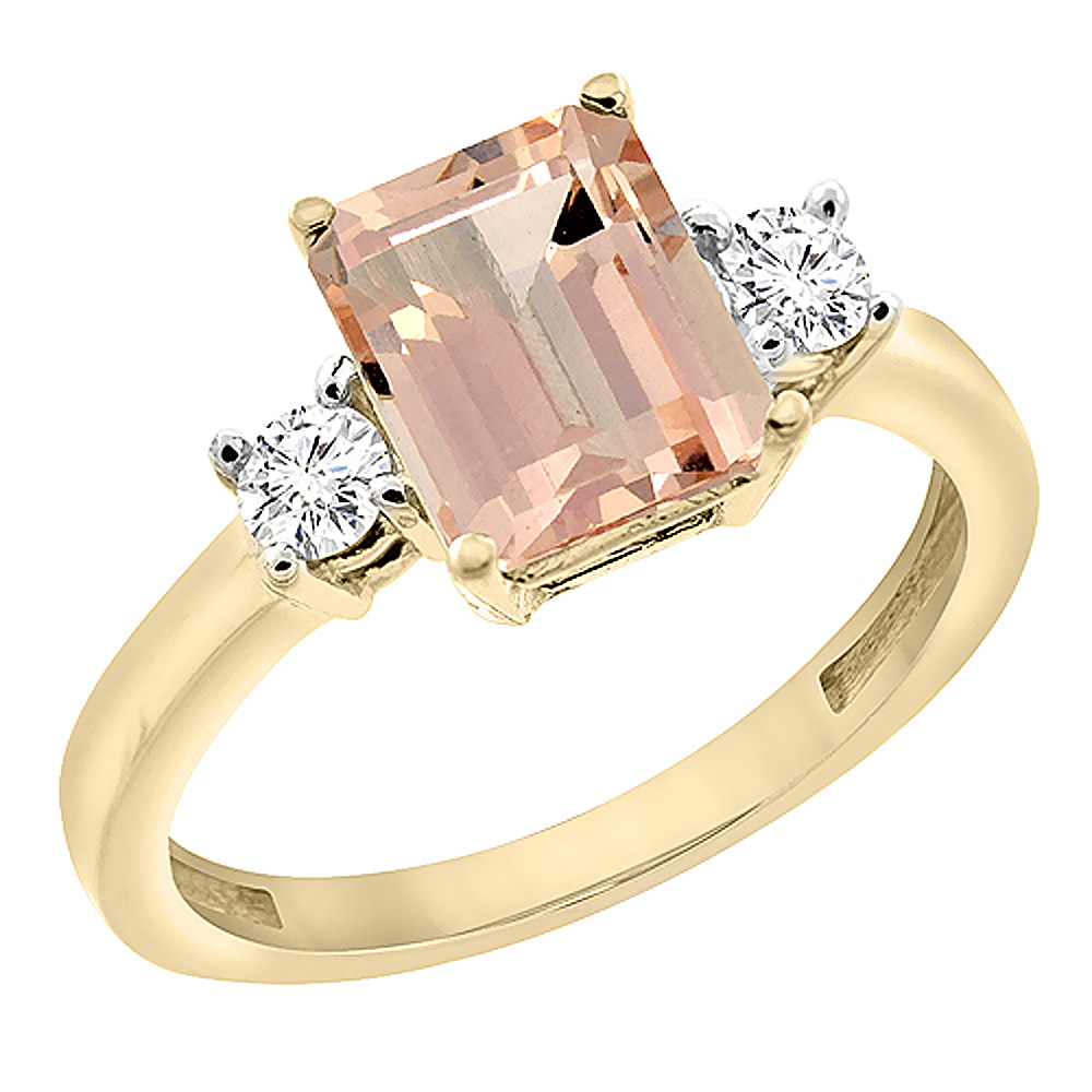 10K Yellow Gold Natural Morganite Ring Octagon 8x6 mm with Diamond Accents, sizes 5 - 10