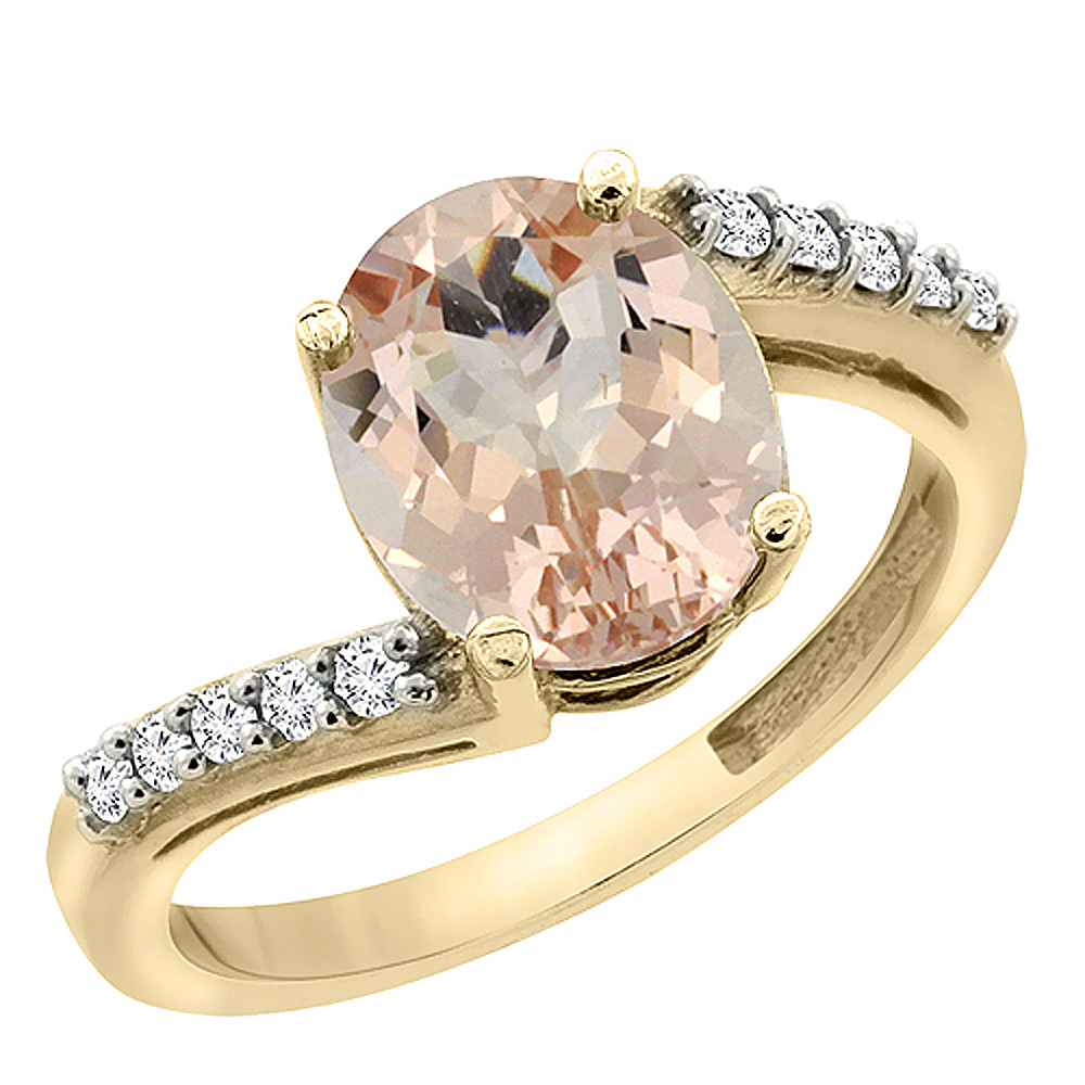 10K Yellow Gold Diamond Natural Morganite Engagement Ring Oval 10x8mm, sizes 5-10