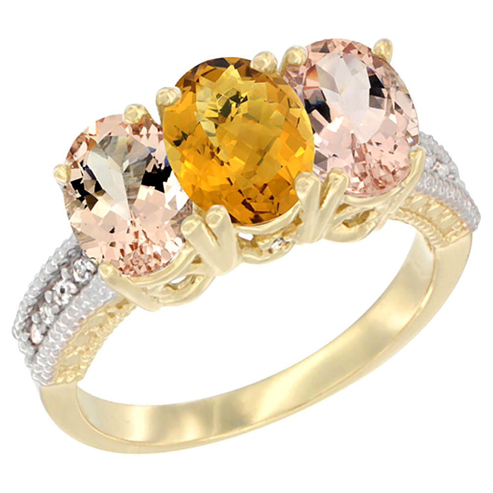 10K Yellow Gold Natural Whisky Quartz & Morganite Ring 3-Stone Oval 7x5 mm, sizes 5 - 10