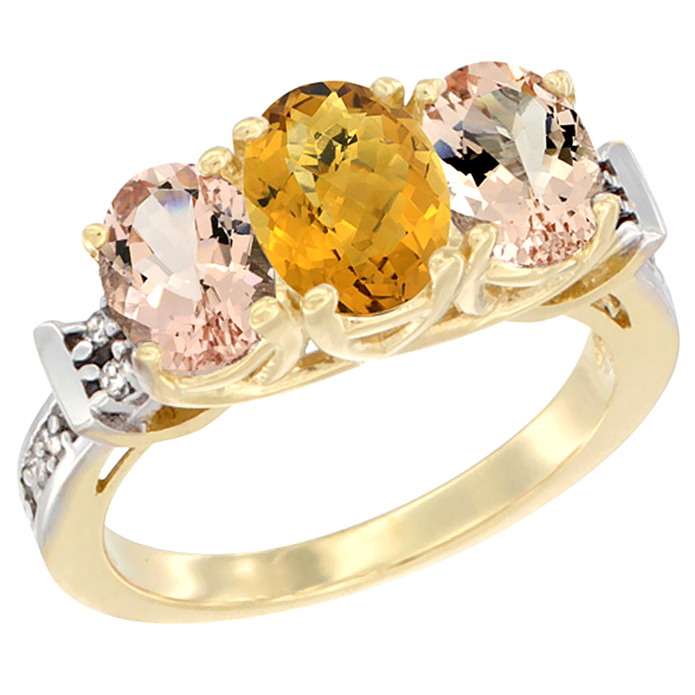 10K Yellow Gold Natural Whisky Quartz & Morganite Sides Ring 3-Stone Oval Diamond Accent, sizes 5 - 10