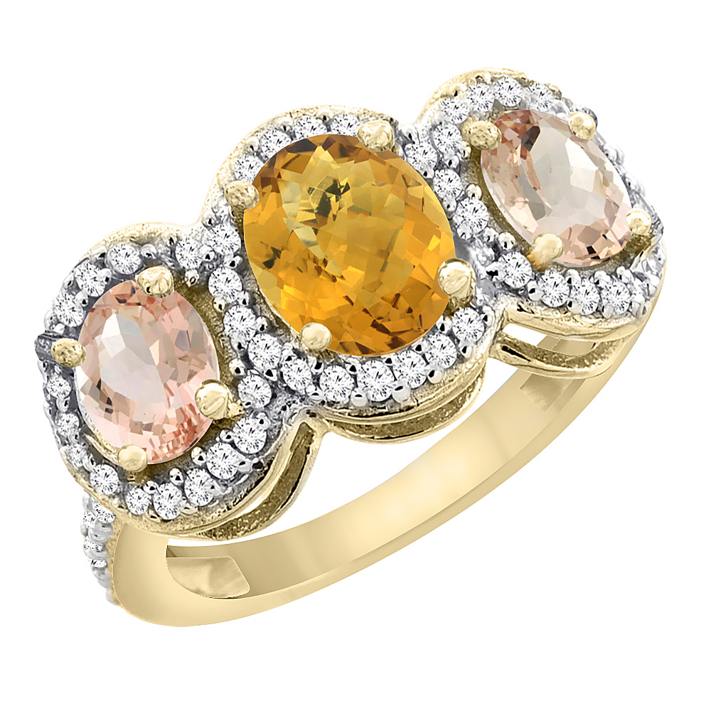 10K Yellow Gold Natural Whisky Quartz & Morganite 3-Stone Ring Oval Diamond Accent, sizes 5 - 10