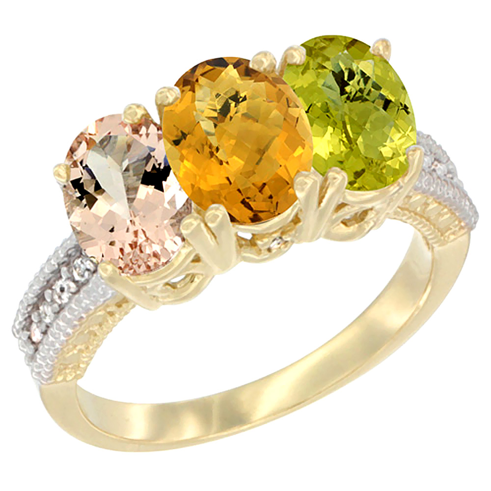 14K Yellow Gold Natural Morganite, Whisky Quartz & Lemon Quartz Ring 3-Stone Oval 7x5 mm Diamond Accent, sizes 5 - 10