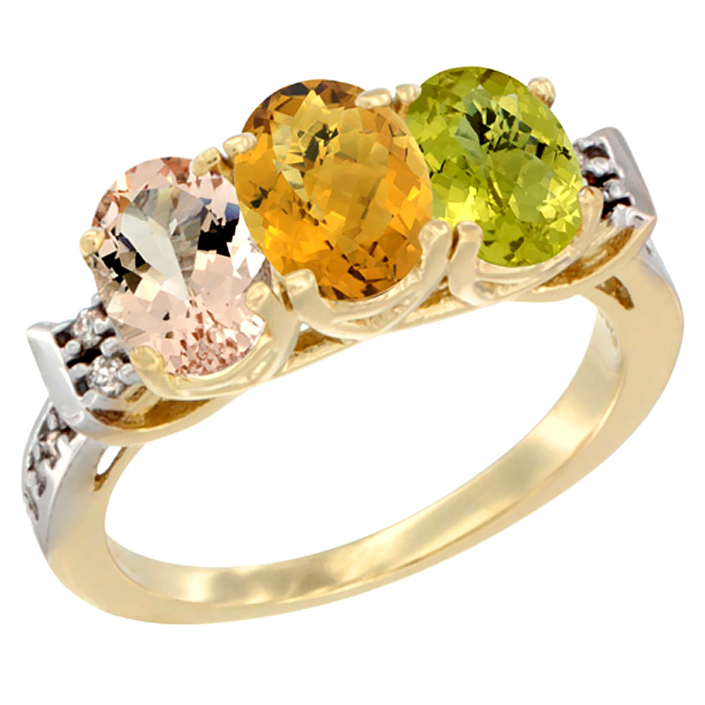 14K Yellow Gold Natural Morganite, Whisky Quartz & Lemon Quartz Ring 3-Stone Oval 7x5 mm Diamond Accent, sizes 5 - 10