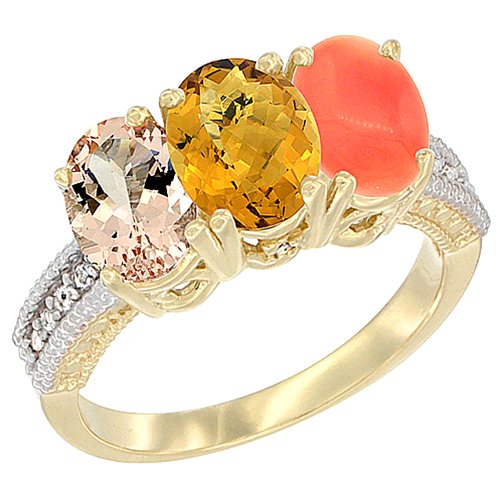 14K Yellow Gold Natural Morganite, Whisky Quartz &amp; Coral Ring 3-Stone Oval 7x5 mm Diamond Accent, sizes 5 - 10