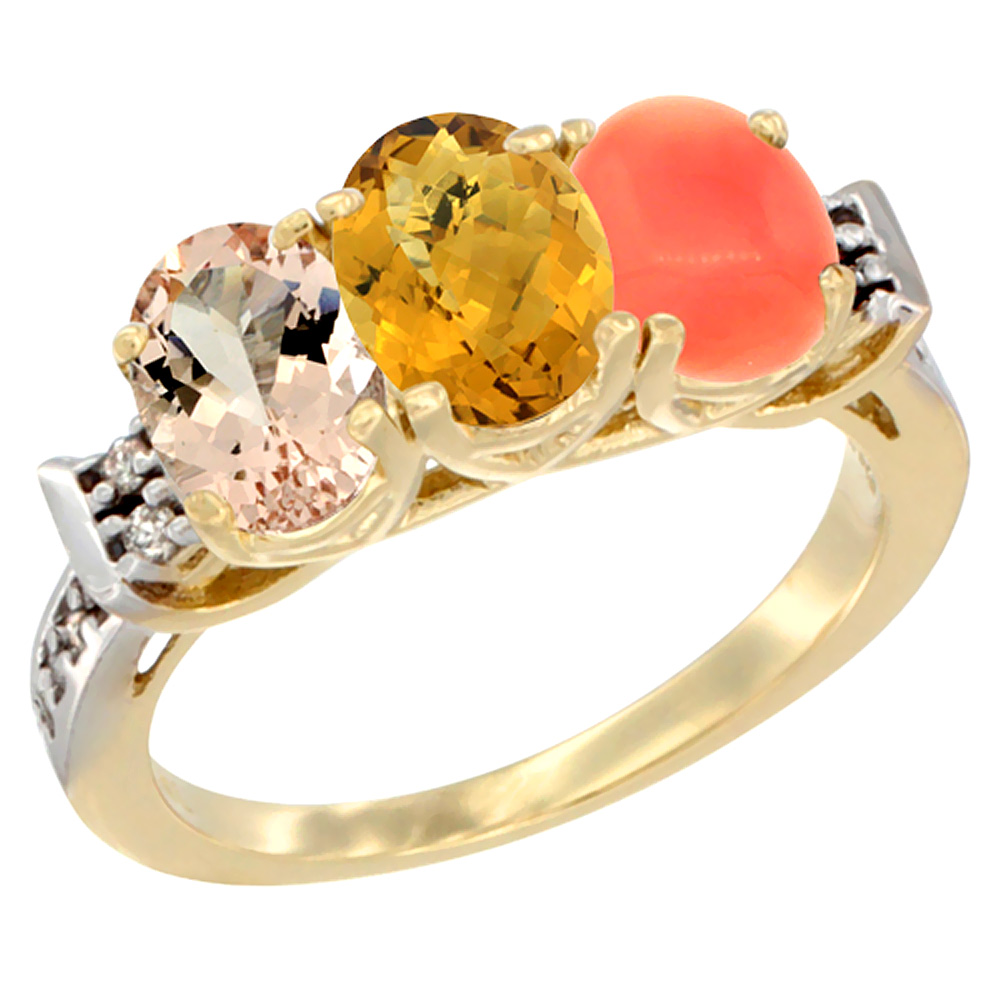 14K Yellow Gold Natural Morganite, Whisky Quartz & Coral Ring 3-Stone Oval 7x5 mm Diamond Accent, sizes 5 - 10