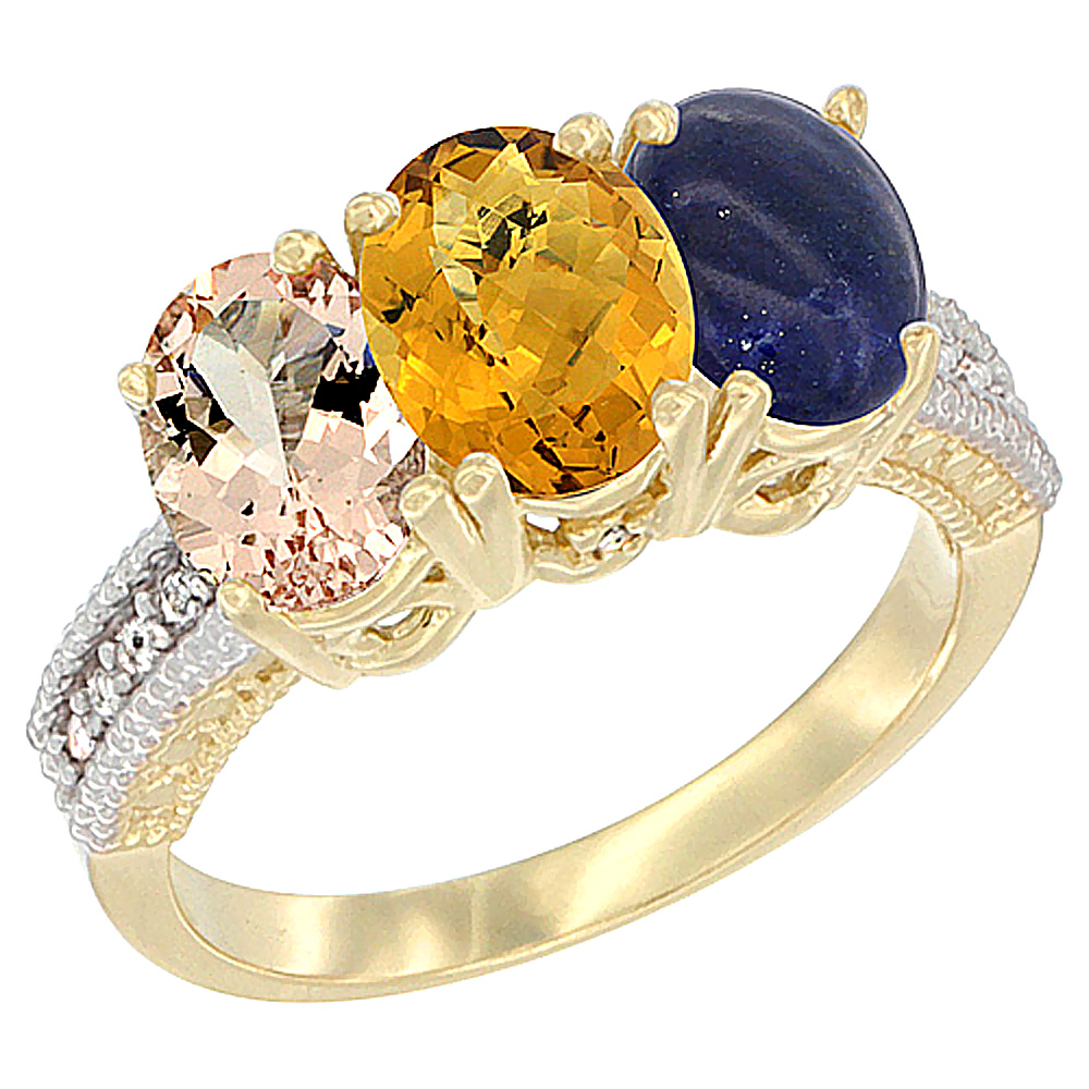 10K Yellow Gold Natural Morganite, Whisky Quartz & Lapis Ring 3-Stone Oval 7x5 mm, sizes 5 - 10