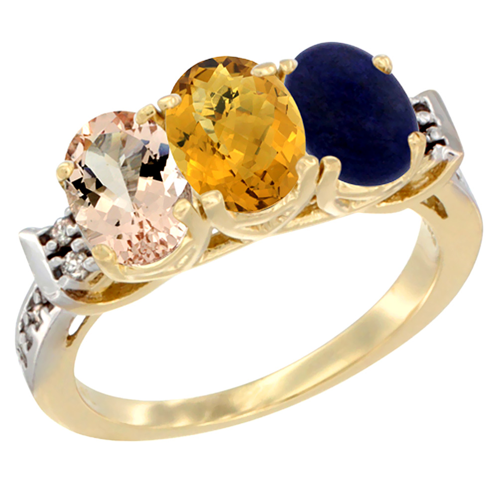 10K Yellow Gold Natural Morganite, Whisky Quartz & Lapis Ring 3-Stone Oval 7x5 mm Diamond Accent, sizes 5 - 10