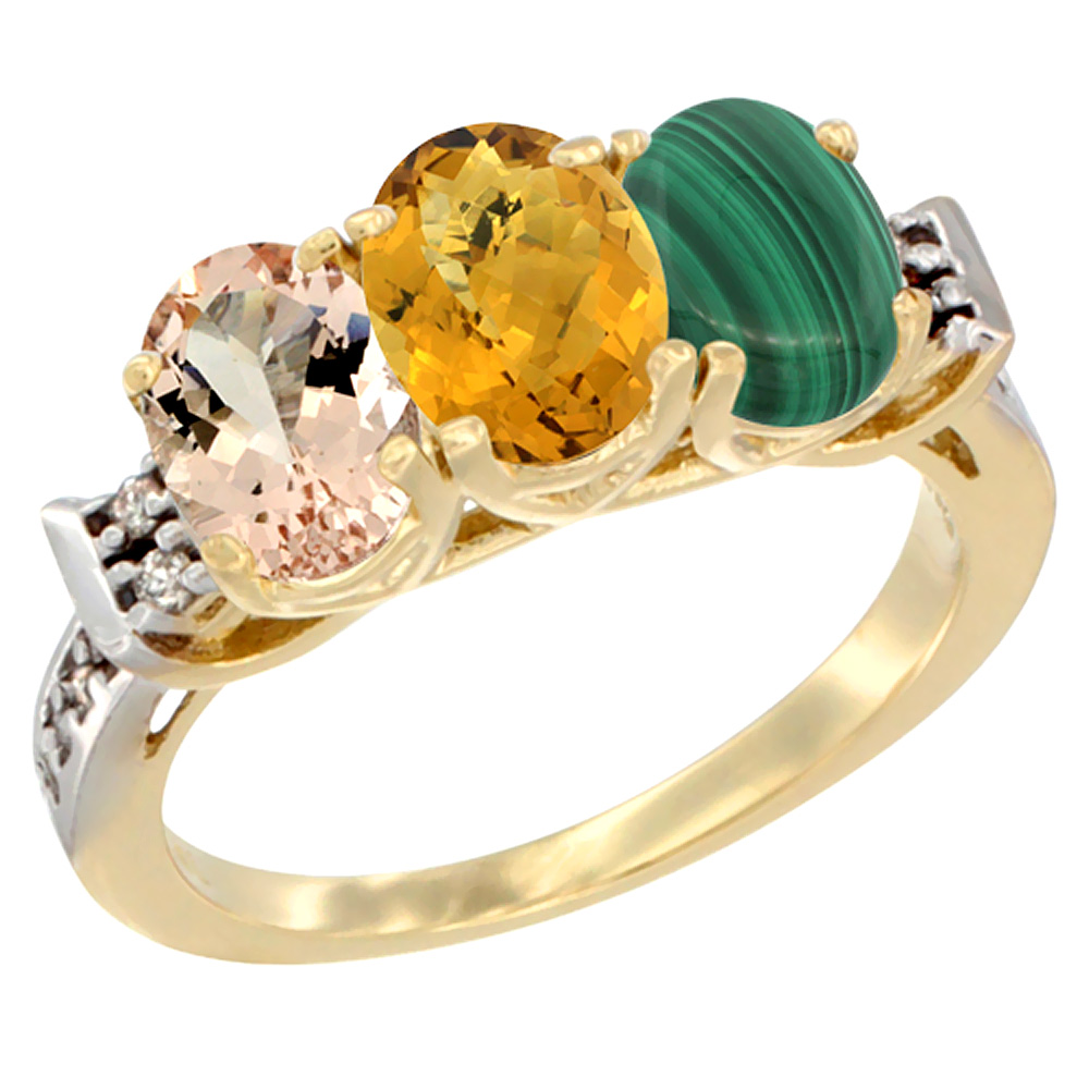 14K Yellow Gold Natural Morganite, Whisky Quartz & Malachite Ring 3-Stone Oval 7x5 mm Diamond Accent, sizes 5 - 10