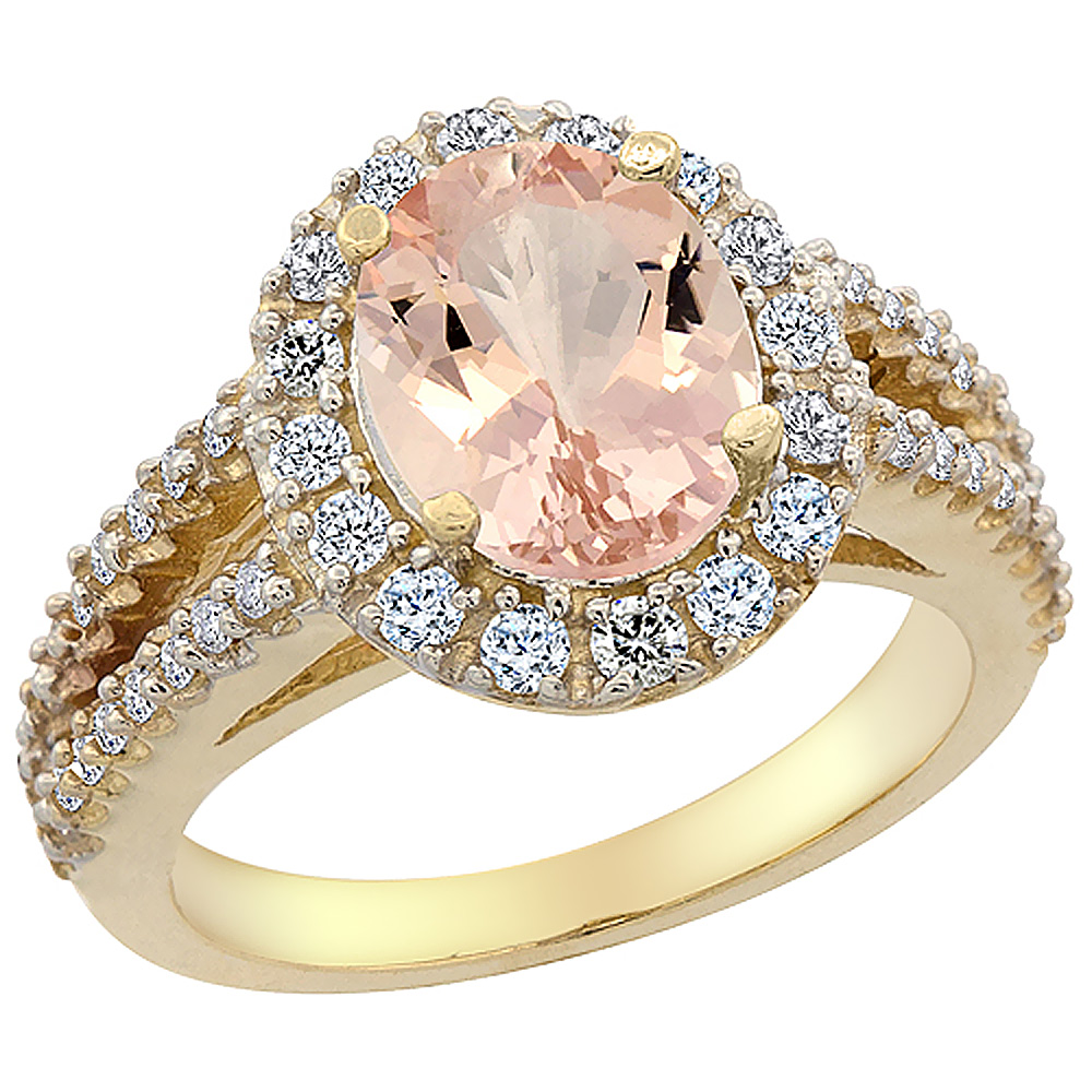 10K Yellow Gold Diamond Natural Morganite Engagement Ring Oval 10x8mm, sizes 5-10