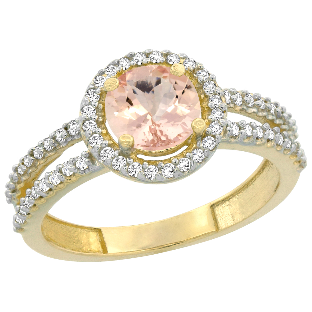 14K Yellow Gold Natural Morganite Diamond Halo Ring Round 6mm, sizes 5 - 10