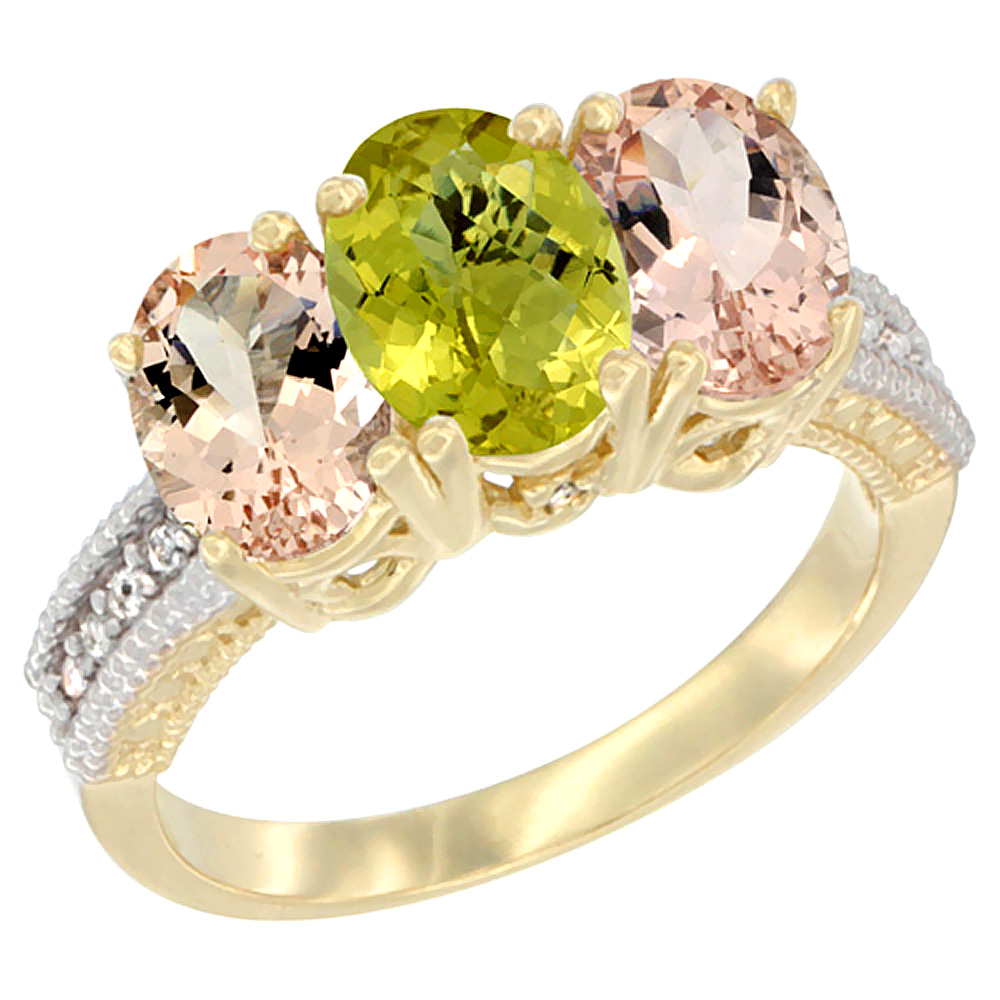 10K Yellow Gold Natural Lemon Quartz & Morganite Ring 3-Stone Oval 7x5 mm, sizes 5 - 10