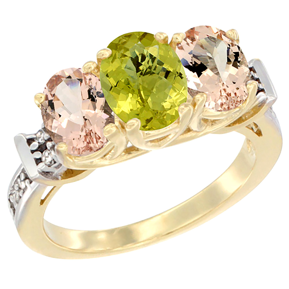 10K Yellow Gold Natural Lemon Quartz & Morganite Sides Ring 3-Stone Oval Diamond Accent, sizes 5 - 10