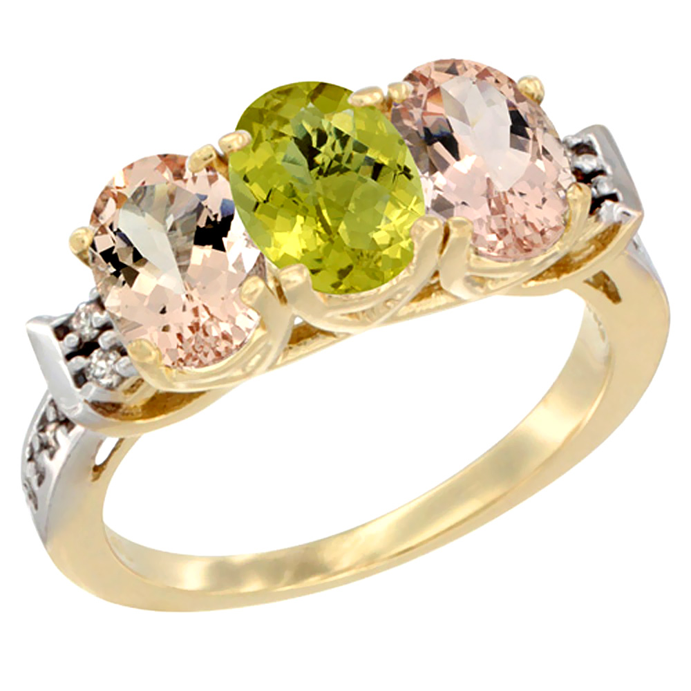 10K Yellow Gold Natural Lemon Quartz & Morganite Sides Ring 3-Stone Oval 7x5 mm Diamond Accent, sizes 5 - 10