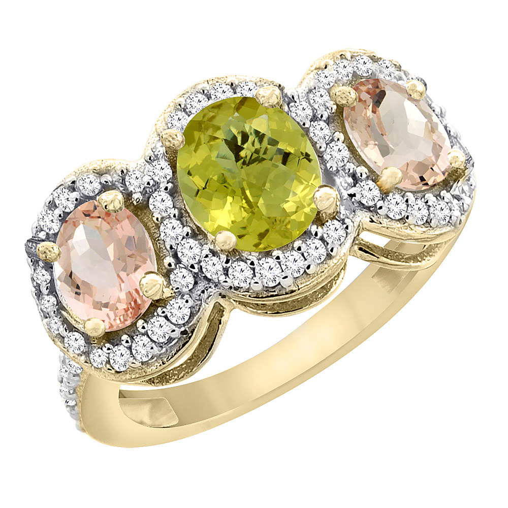 10K Yellow Gold Natural Lemon Quartz & Morganite 3-Stone Ring Oval Diamond Accent, sizes 5 - 10