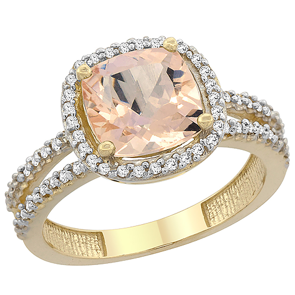 14K Yellow Gold Natural Morganite Ring Cushion-cut 8x8 mm 2-row Diamond Accents, sizes 5 - 10