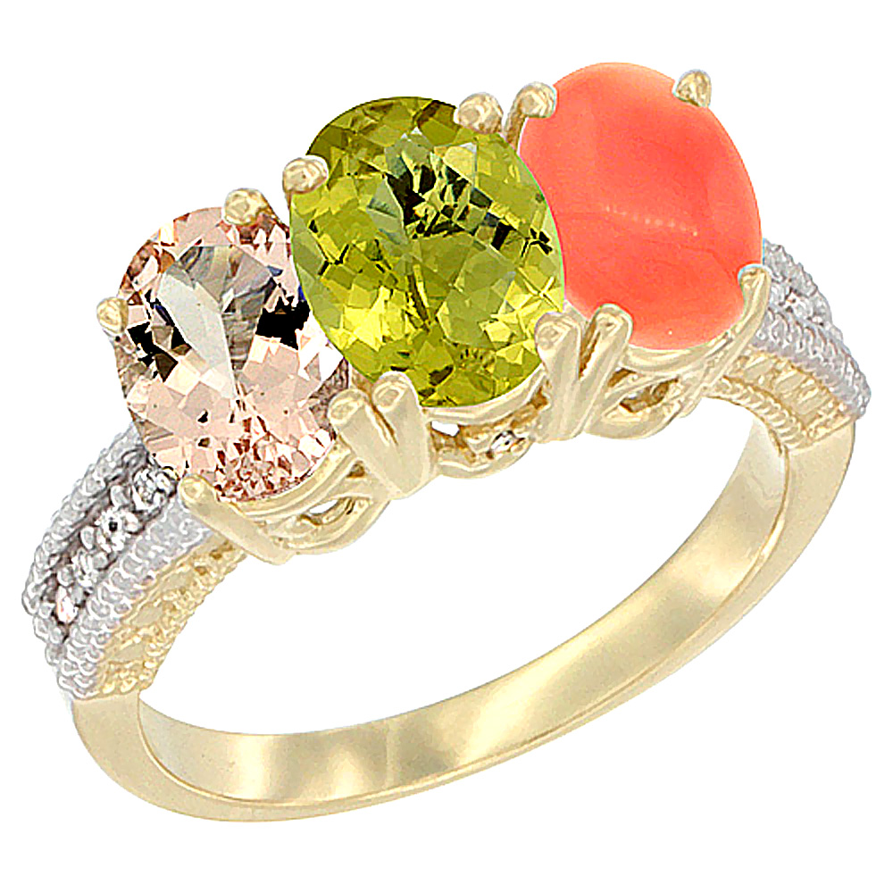 10K Yellow Gold Natural Morganite, Lemon Quartz & Coral Ring 3-Stone Oval 7x5 mm, sizes 5 - 10