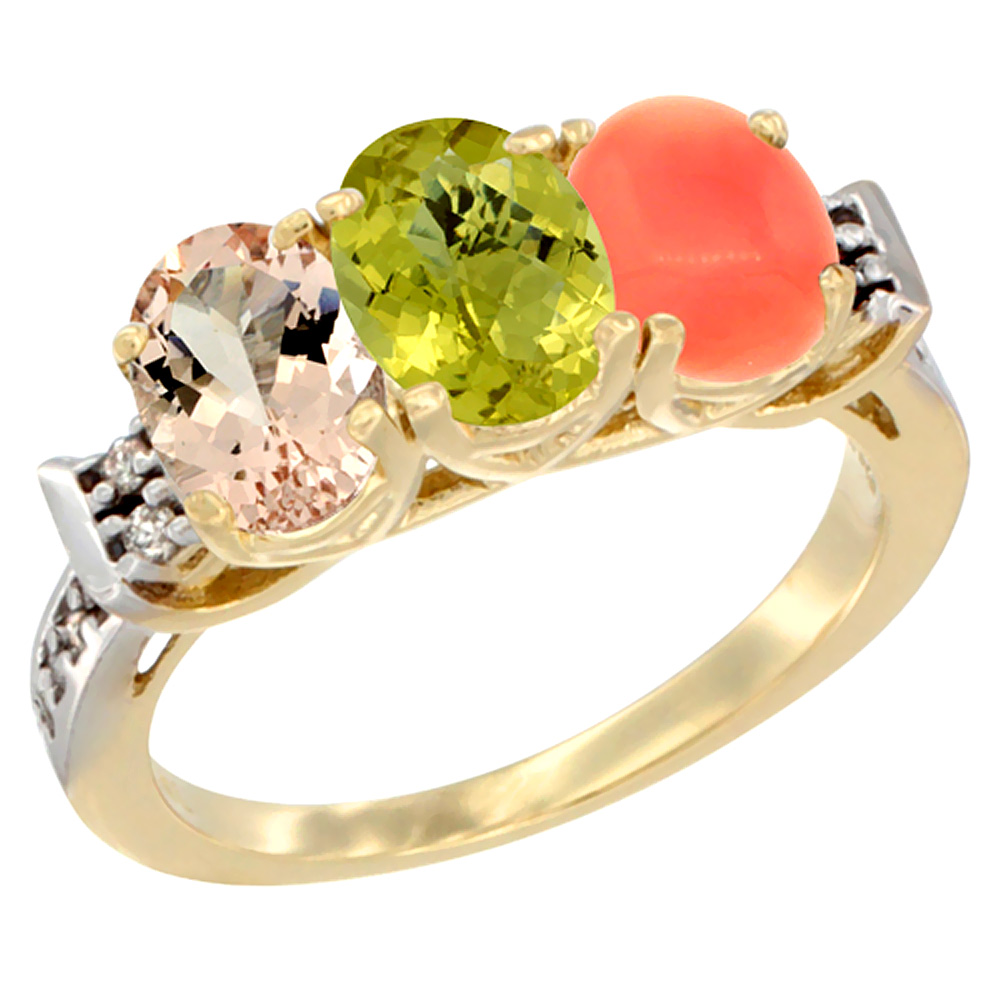 10K Yellow Gold Natural Morganite, Lemon Quartz & Coral Ring 3-Stone Oval 7x5 mm Diamond Accent, sizes 5 - 10