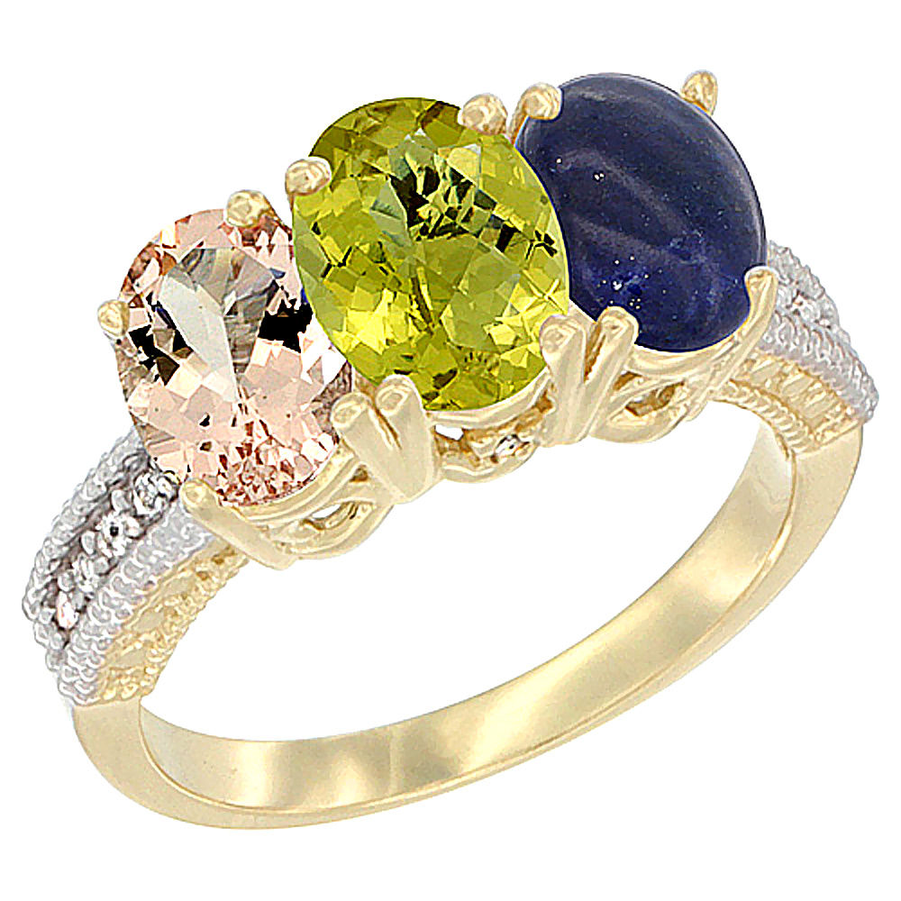 10K Yellow Gold Natural Morganite, Lemon Quartz &amp; Lapis Ring 3-Stone Oval 7x5 mm, sizes 5 - 10