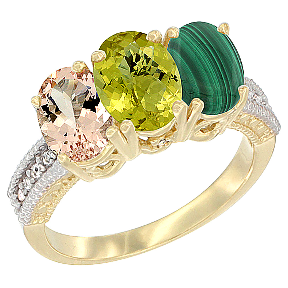 10K Yellow Gold Natural Morganite, Lemon Quartz & Malachite Ring 3-Stone Oval 7x5 mm, sizes 5 - 10