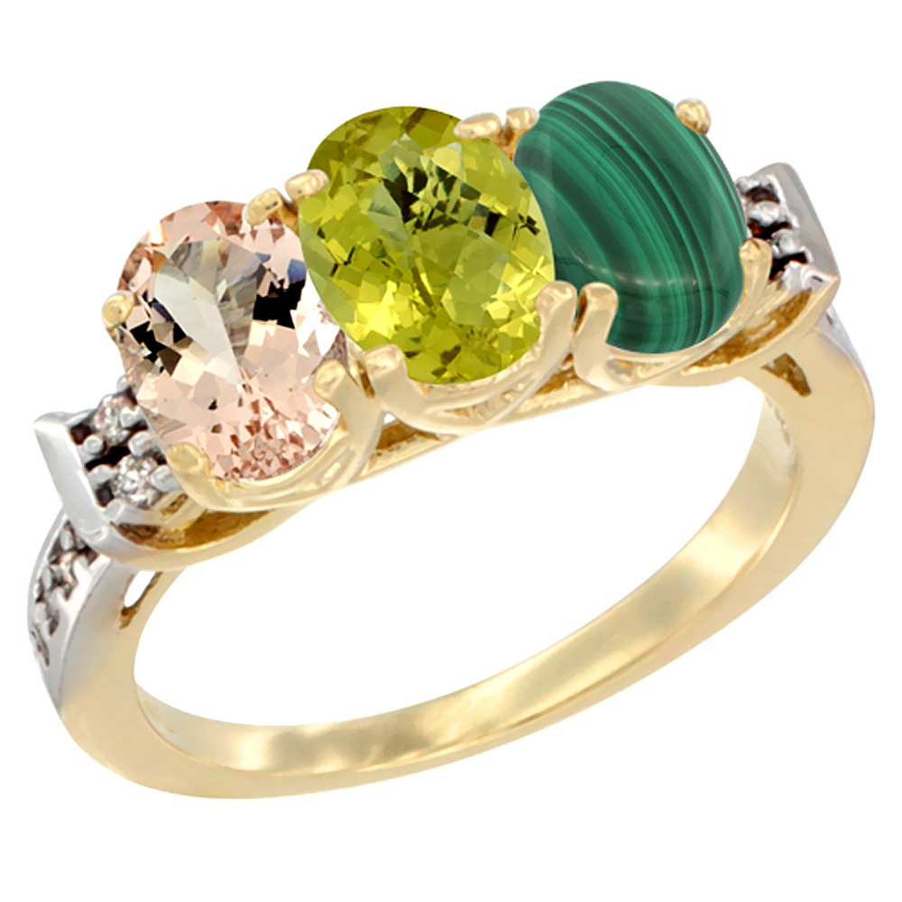 10K Yellow Gold Natural Morganite, Lemon Quartz & Malachite Ring 3-Stone Oval 7x5 mm Diamond Accent, sizes 5 - 10