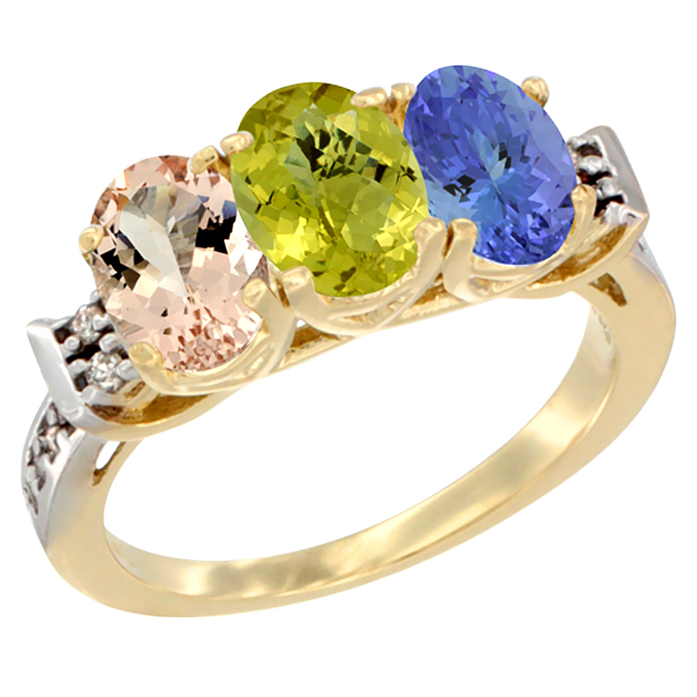 10K Yellow Gold Natural Morganite, Lemon Quartz &amp; Tanzanite Ring 3-Stone Oval 7x5 mm Diamond Accent, sizes 5 - 10