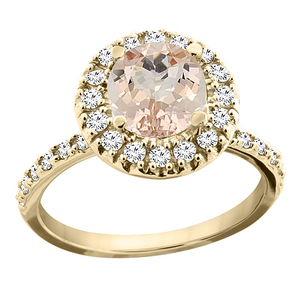 14K Yellow Gold Natural Morganite Ring Round 8mm Floating Halo Diamond, sizes 5 - 10