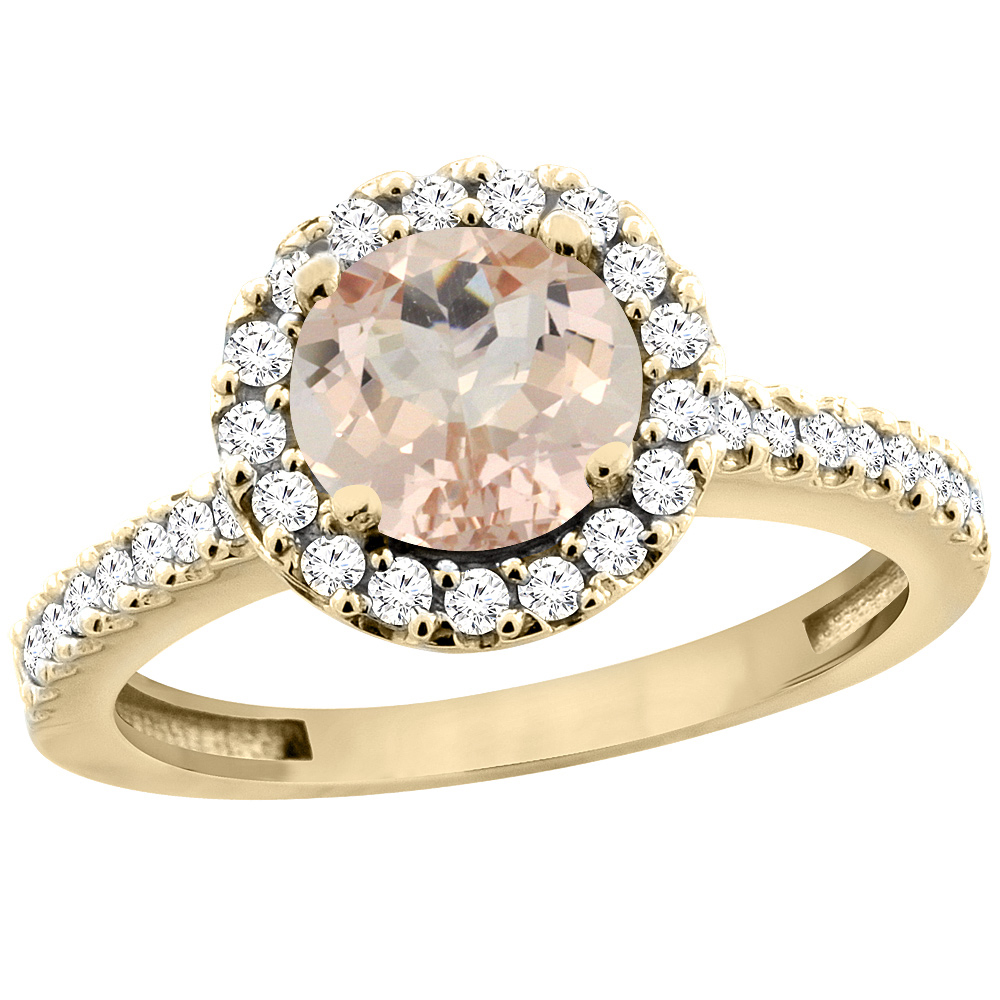 10K Yellow Gold Natural Morganite Ring Round 6mm Floating Halo Diamond, sizes 5 - 10