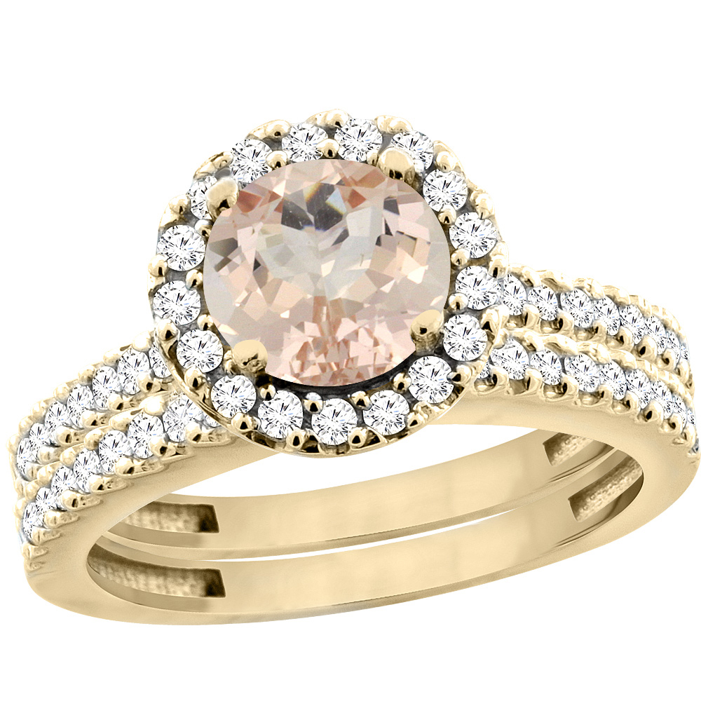 14K Yellow Gold Natural Morganite Round 6mm 2-Piece Engagement Ring Set Floating Halo Diamond, sizes 5 - 10