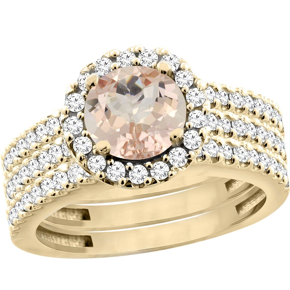 10K Yellow Gold Natural Morganite 3-Piece Bridal Ring Set Round 6mm Halo Diamond, sizes 5 - 10