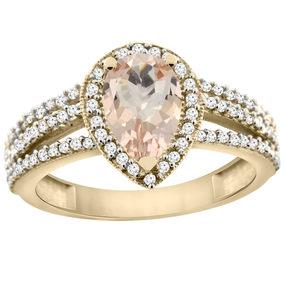 10K Yellow Gold Natural Morganite Ring 9x7 Pear Halo Diamond, sizes 5 - 10