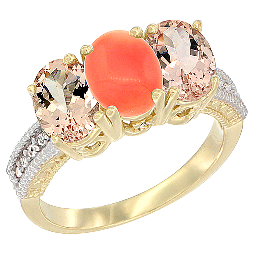 14K Yellow Gold Natural Coral & Morganite Sides Ring 3-Stone Oval 7x5 mm Diamond Accent, sizes 5 - 10