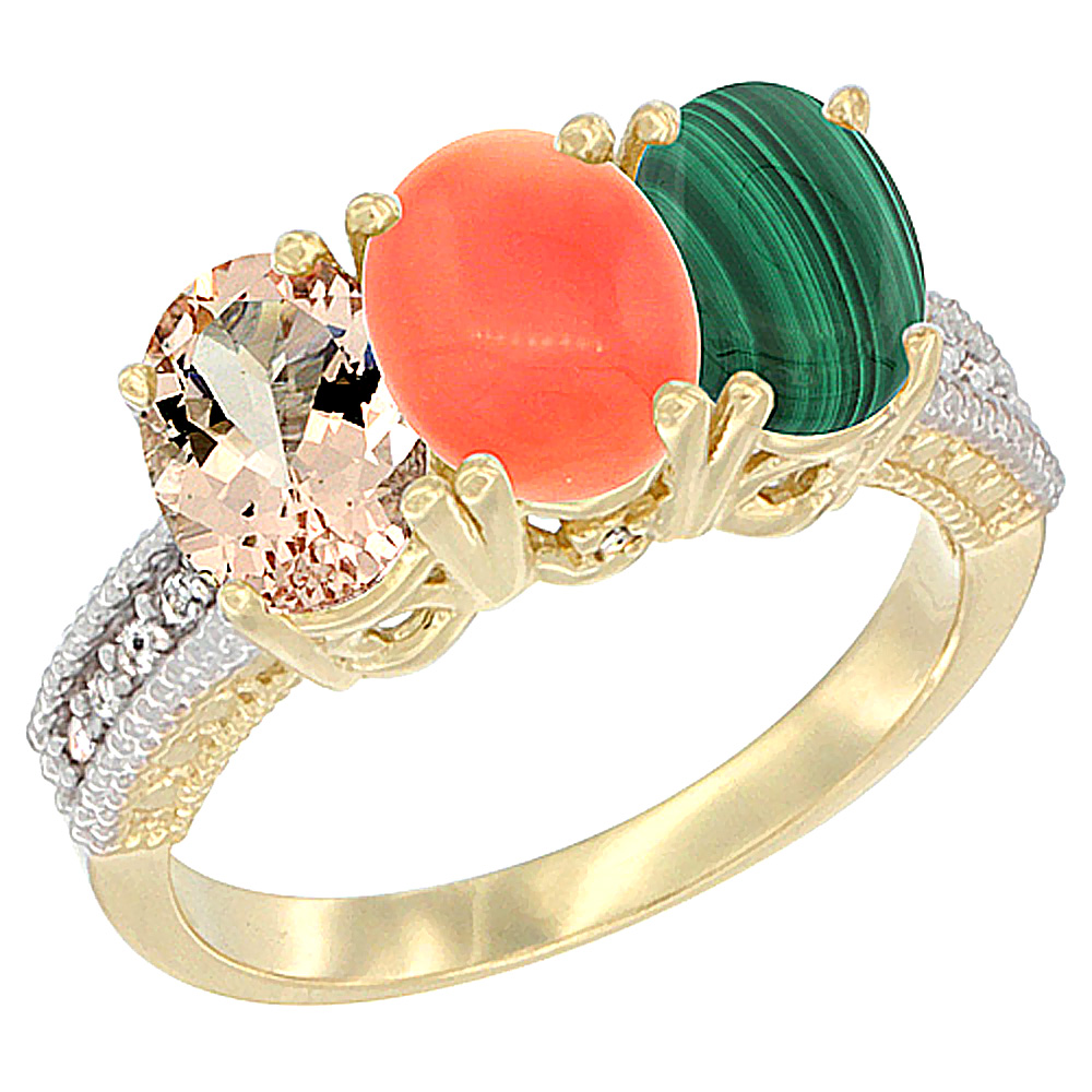 14K Yellow Gold Natural Morganite, Coral & Malachite Ring 3-Stone Oval 7x5 mm Diamond Accent, sizes 5 - 10