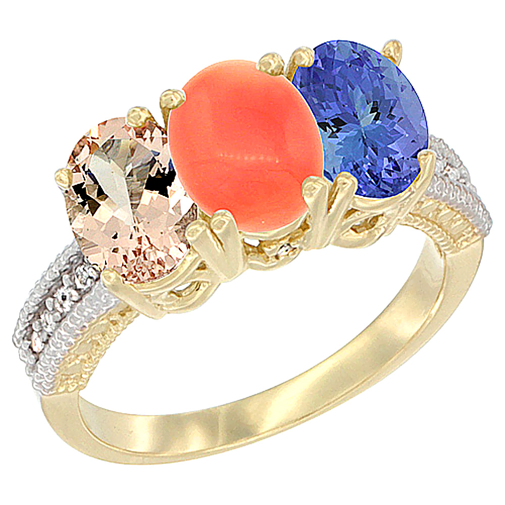 10K Yellow Gold Natural Morganite, Coral &amp; Tanzanite Ring 3-Stone Oval 7x5 mm, sizes 5 - 10