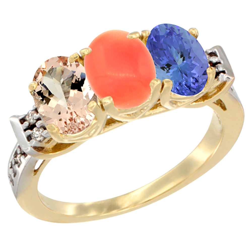 14K Yellow Gold Natural Morganite, Coral & Tanzanite Ring 3-Stone Oval 7x5 mm Diamond Accent, sizes 5 - 10