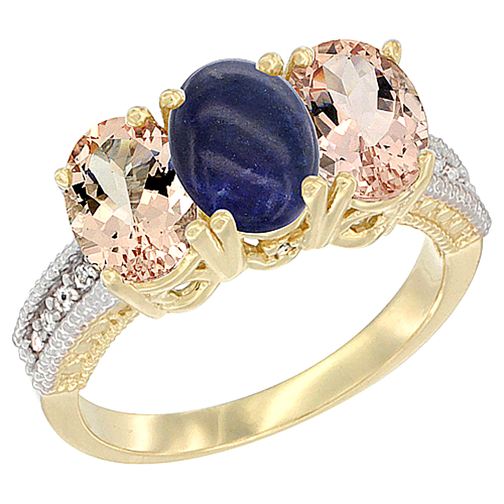 14K Yellow Gold Natural Lapis &amp; Morganite Sides Ring 3-Stone Oval 7x5 mm Diamond Accent, sizes 5 - 10