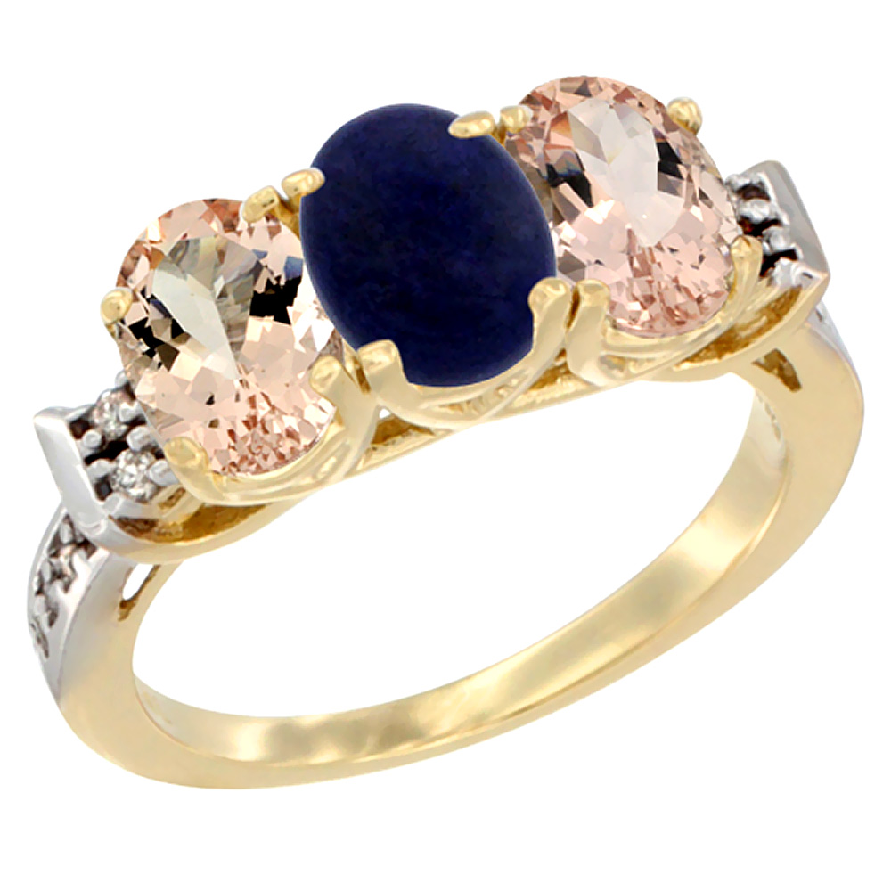 14K Yellow Gold Natural Lapis & Morganite Sides Ring 3-Stone Oval 7x5 mm Diamond Accent, sizes 5 - 10