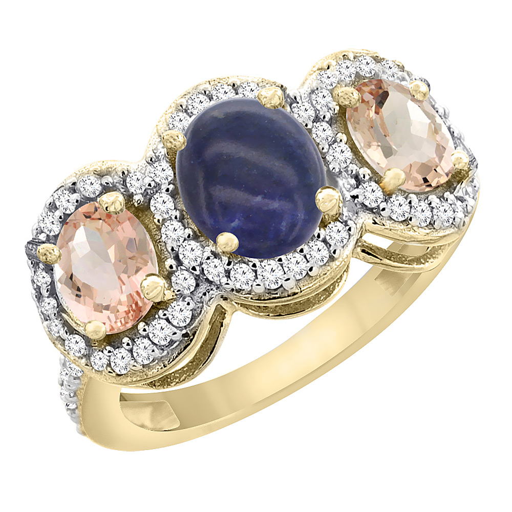 10K Yellow Gold Natural Lapis & Morganite 3-Stone Ring Oval Diamond Accent, sizes 5 - 10