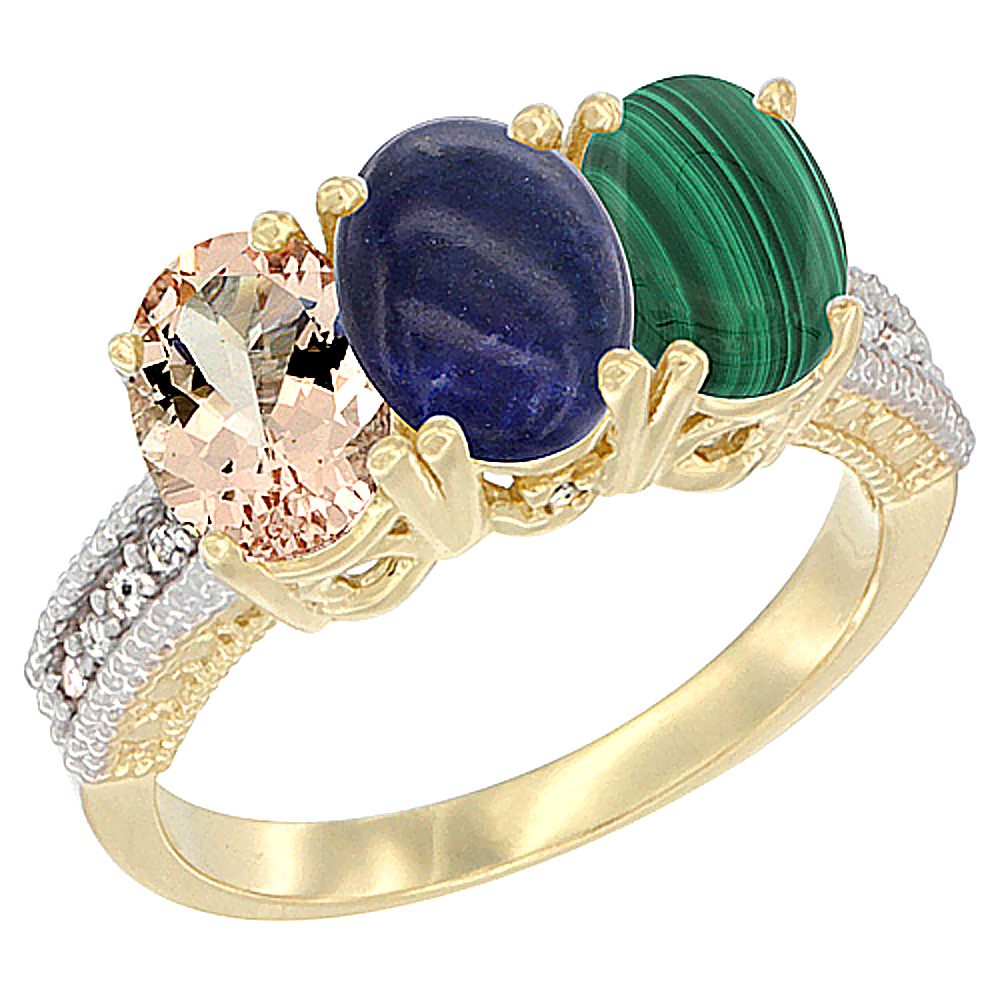 14K Yellow Gold Natural Morganite, Lapis &amp; Malachite Ring 3-Stone Oval 7x5 mm Diamond Accent, sizes 5 - 10