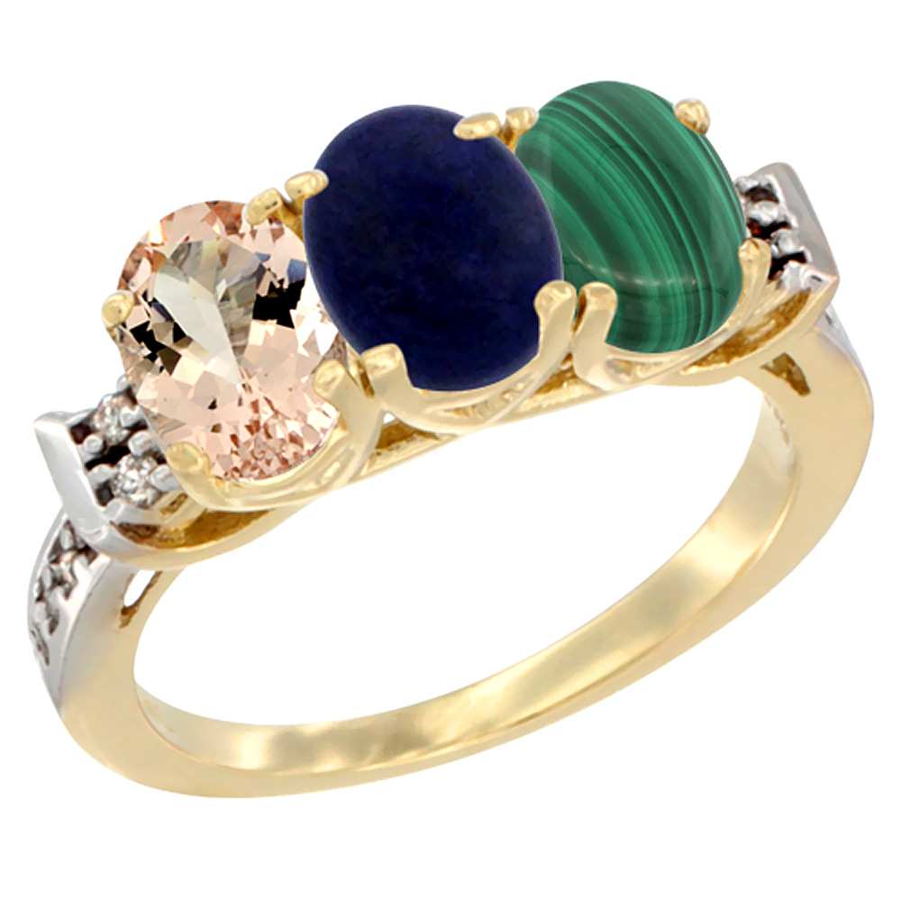 14K Yellow Gold Natural Morganite, Lapis &amp; Malachite Ring 3-Stone Oval 7x5 mm Diamond Accent, sizes 5 - 10