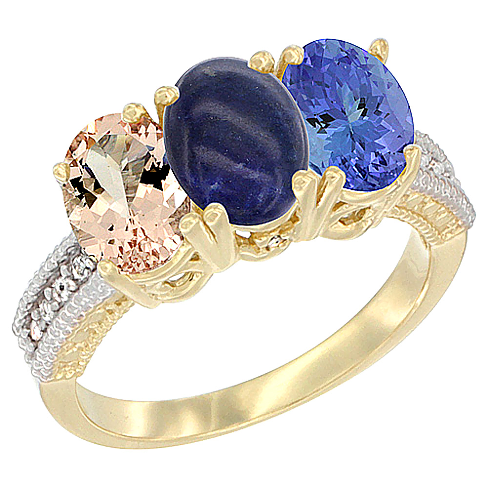 14K Yellow Gold Natural Morganite, Lapis & Tanzanite Ring 3-Stone Oval 7x5 mm Diamond Accent, sizes 5 - 10