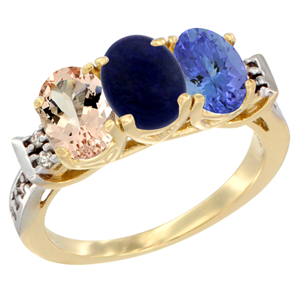 14K Yellow Gold Natural Morganite, Lapis &amp; Tanzanite Ring 3-Stone Oval 7x5 mm Diamond Accent, sizes 5 - 10