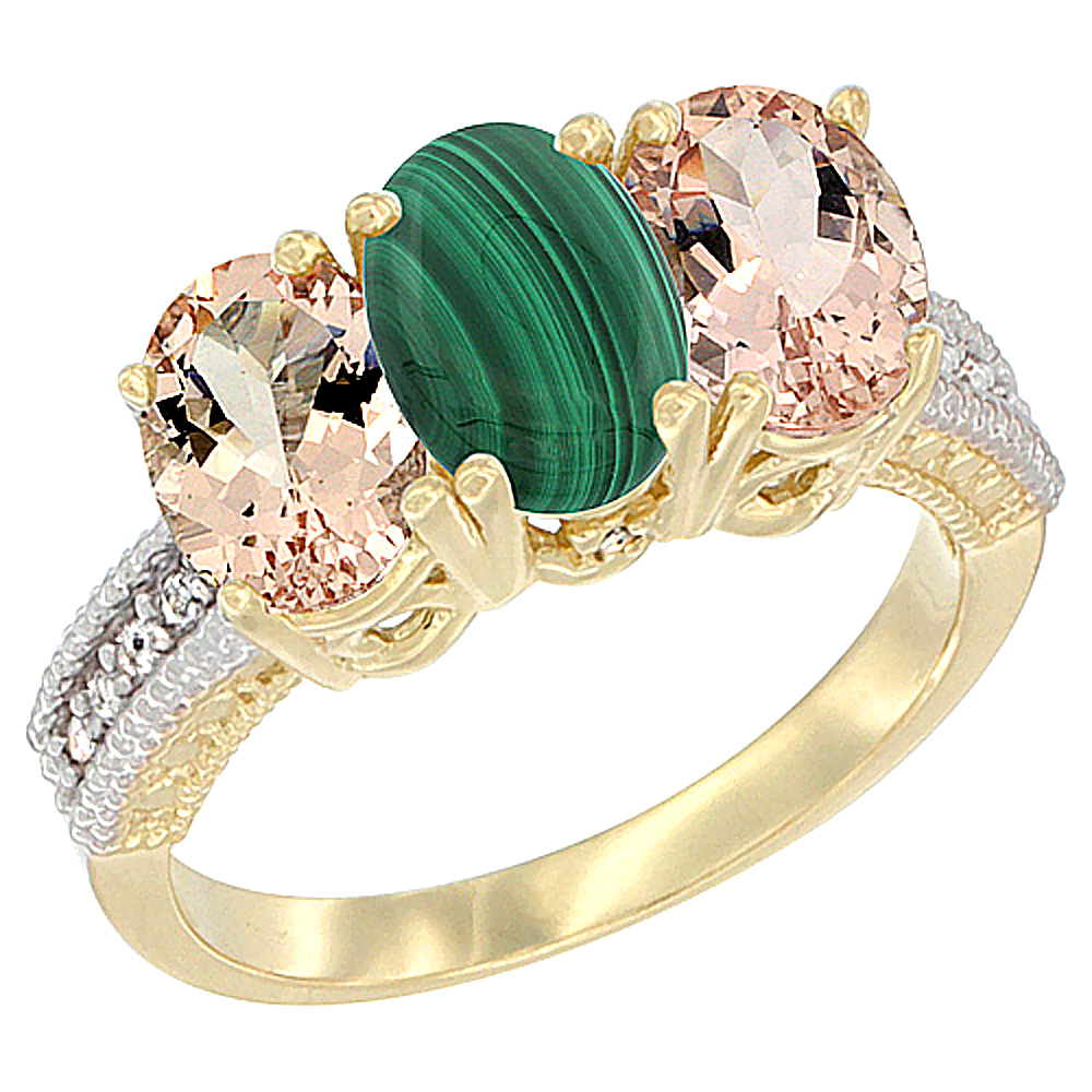 10K Yellow Gold Natural Malachite &amp; Morganite Ring 3-Stone Oval 7x5 mm, sizes 5 - 10