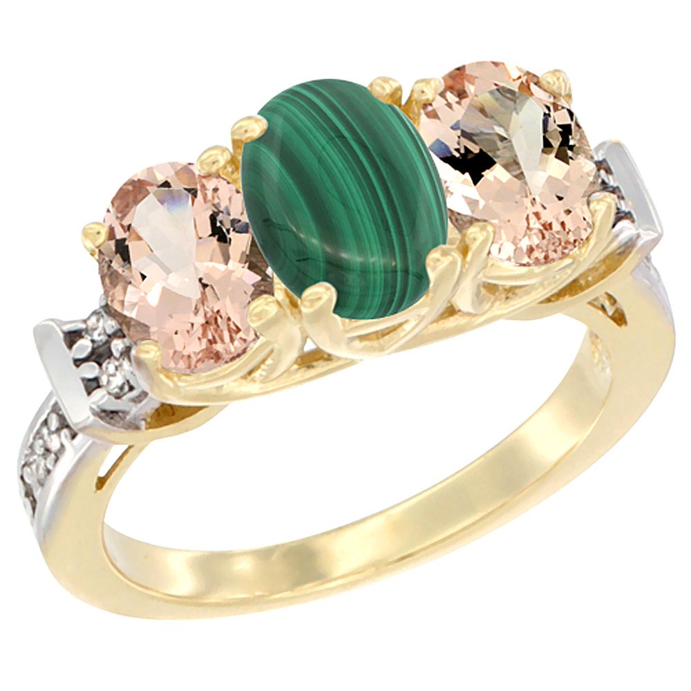 14K Yellow Gold Natural Malachite & Morganite Sides Ring 3-Stone Oval Diamond Accent, sizes 5 - 10