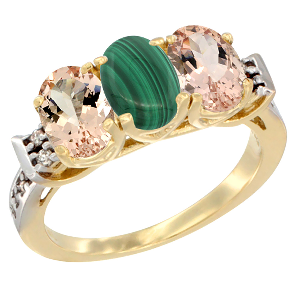 10K Yellow Gold Natural Malachite &amp; Morganite Sides Ring 3-Stone Oval 7x5 mm Diamond Accent, sizes 5 - 10