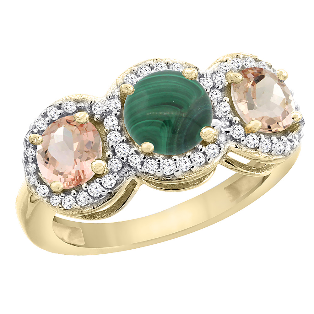 14K Yellow Gold Natural Malachite &amp; Morganite Sides Round 3-stone Ring Diamond Accents, sizes 5 - 10