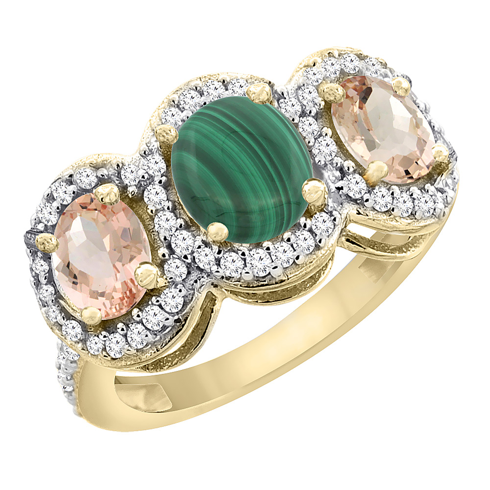 10K Yellow Gold Natural Malachite & Morganite 3-Stone Ring Oval Diamond Accent, sizes 5 - 10