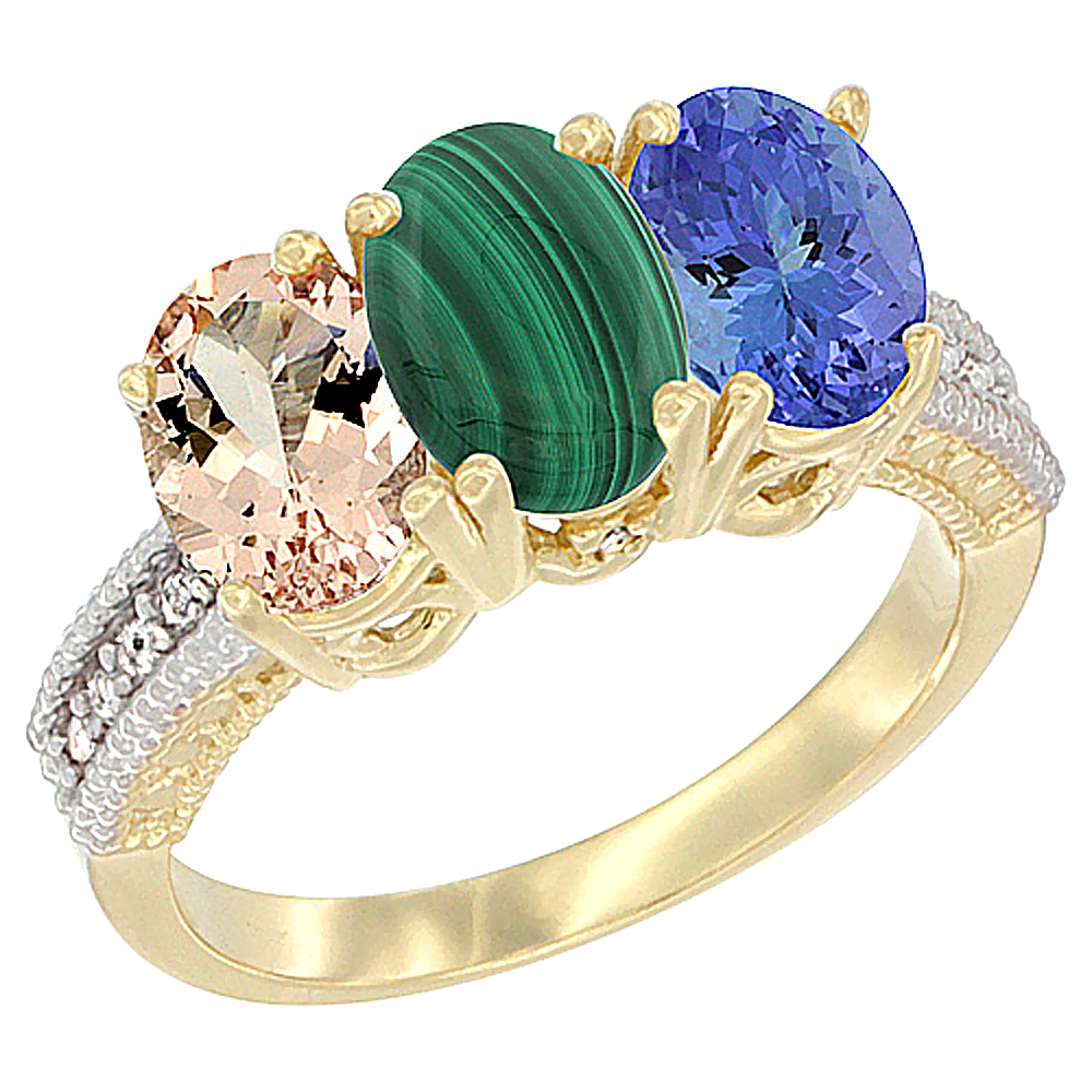 14K Yellow Gold Natural Morganite, Malachite & Tanzanite Ring 3-Stone Oval 7x5 mm Diamond Accent, sizes 5 - 10