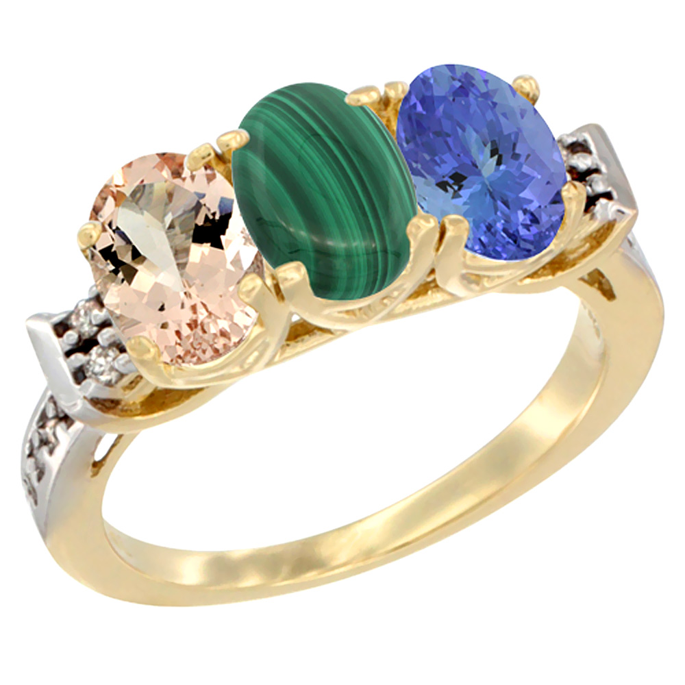 14K Yellow Gold Natural Morganite, Malachite & Tanzanite Ring 3-Stone Oval 7x5 mm Diamond Accent, sizes 5 - 10